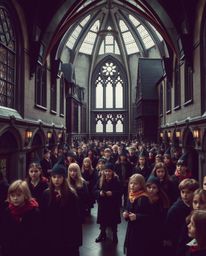 Explore a magical school teeming with young wizards, captured in a precise architectural color photograph rendered in a stron