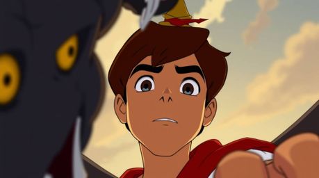 A dramatic low-angle shot of a charming prince, rendered in a classic 1950s animation style, bravely battling a fearsome drag