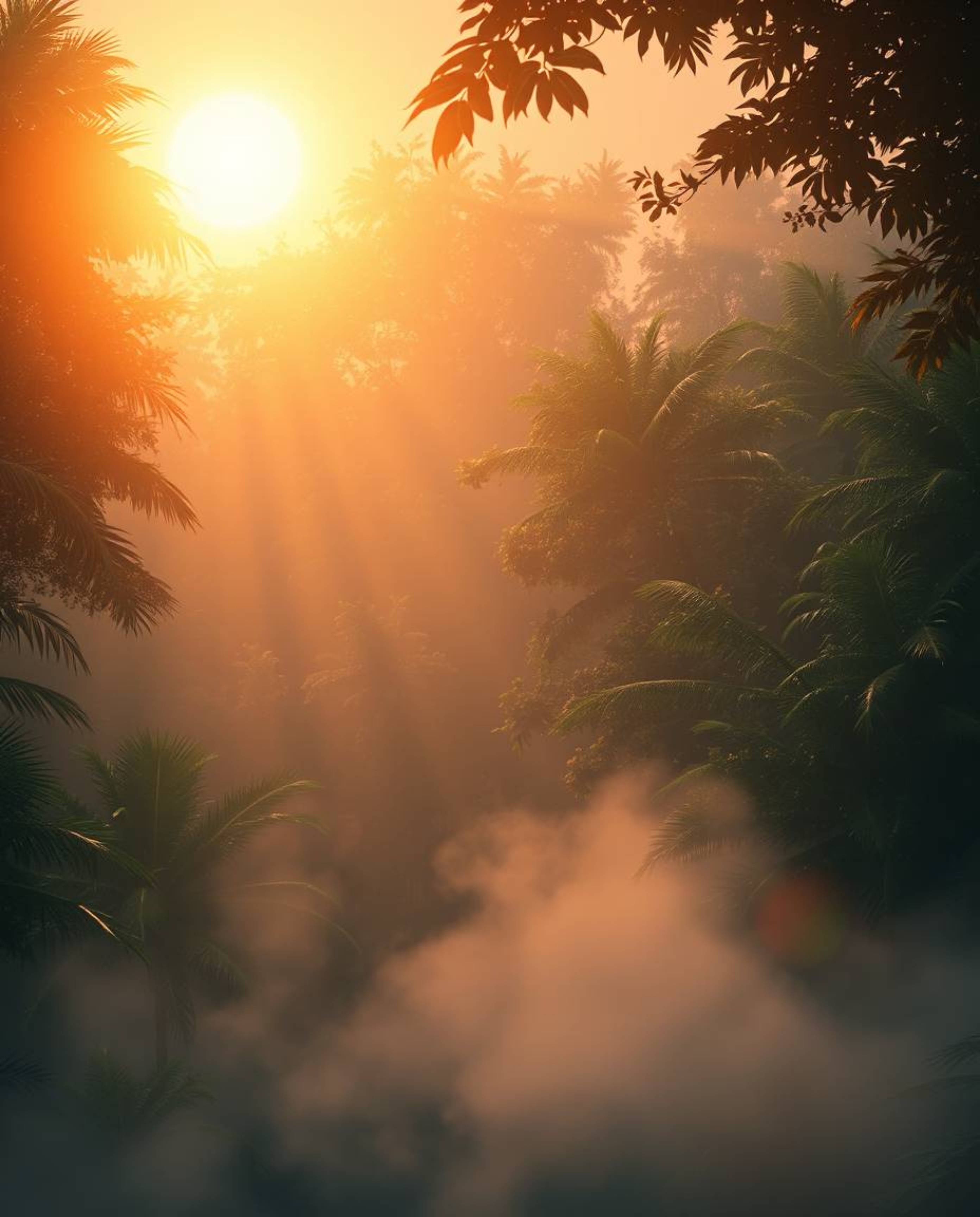 An ethereal and spiritual illustration capturing a sunset through a dense jungle canopy, distinguished by its dramatic use of