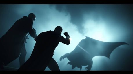 A captivating scene depicting a superhero clashing with a silly villain in a dreamy, moody atmosphere.  The soft, hazy light 