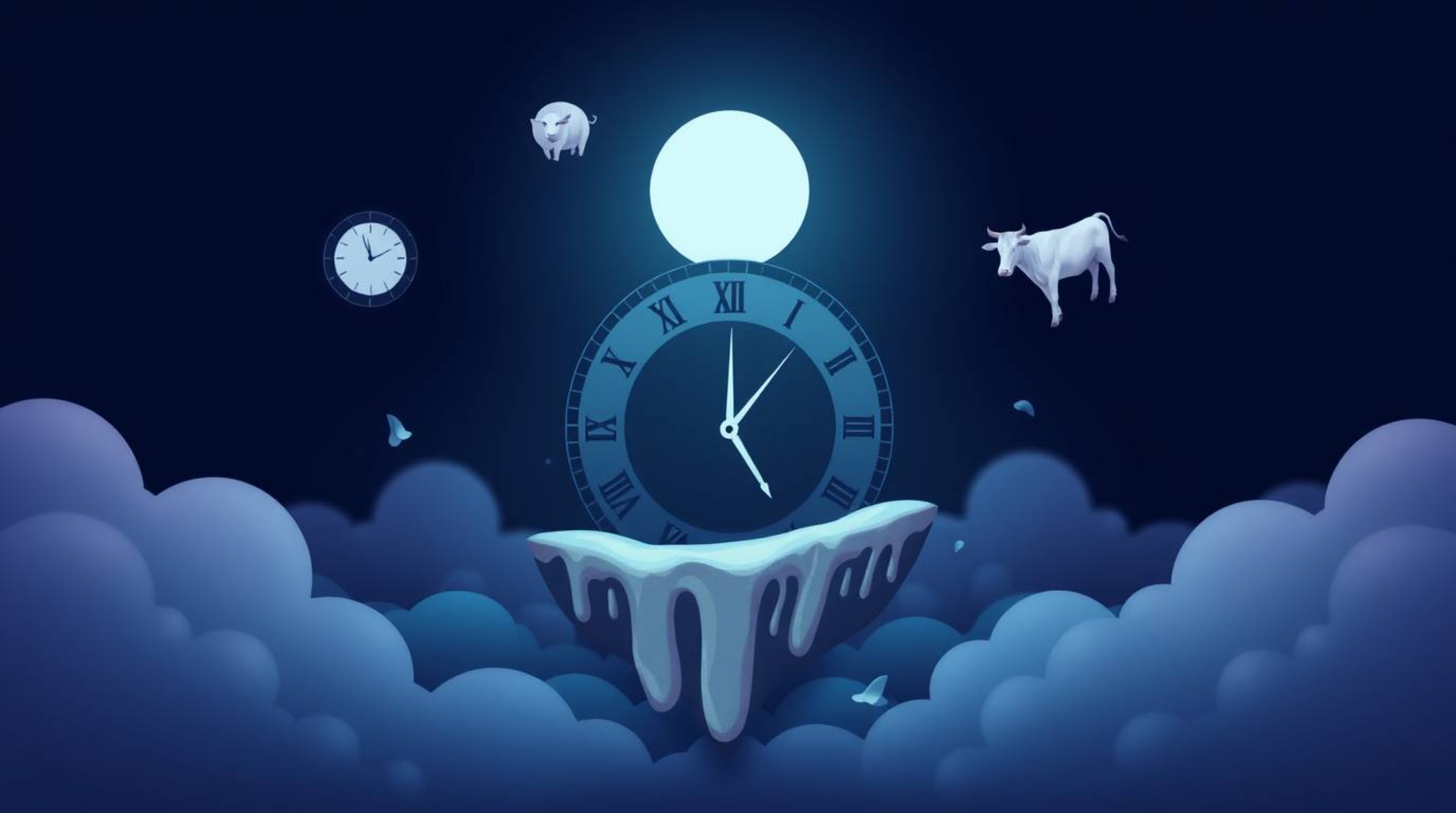This soft, dreamy logo embodies a surreal dreamscape featuring melting clocks and floating cows, meticulously rendered in geo