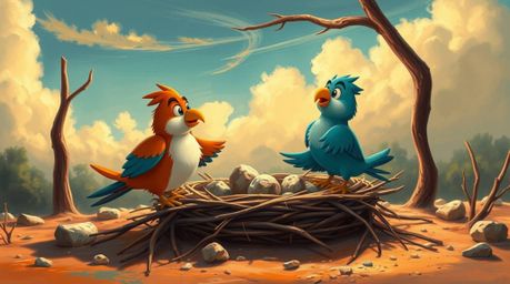 Witness an epic scene showcasing two cartoon birds diligently building their nest in a classic animation style, rendered with