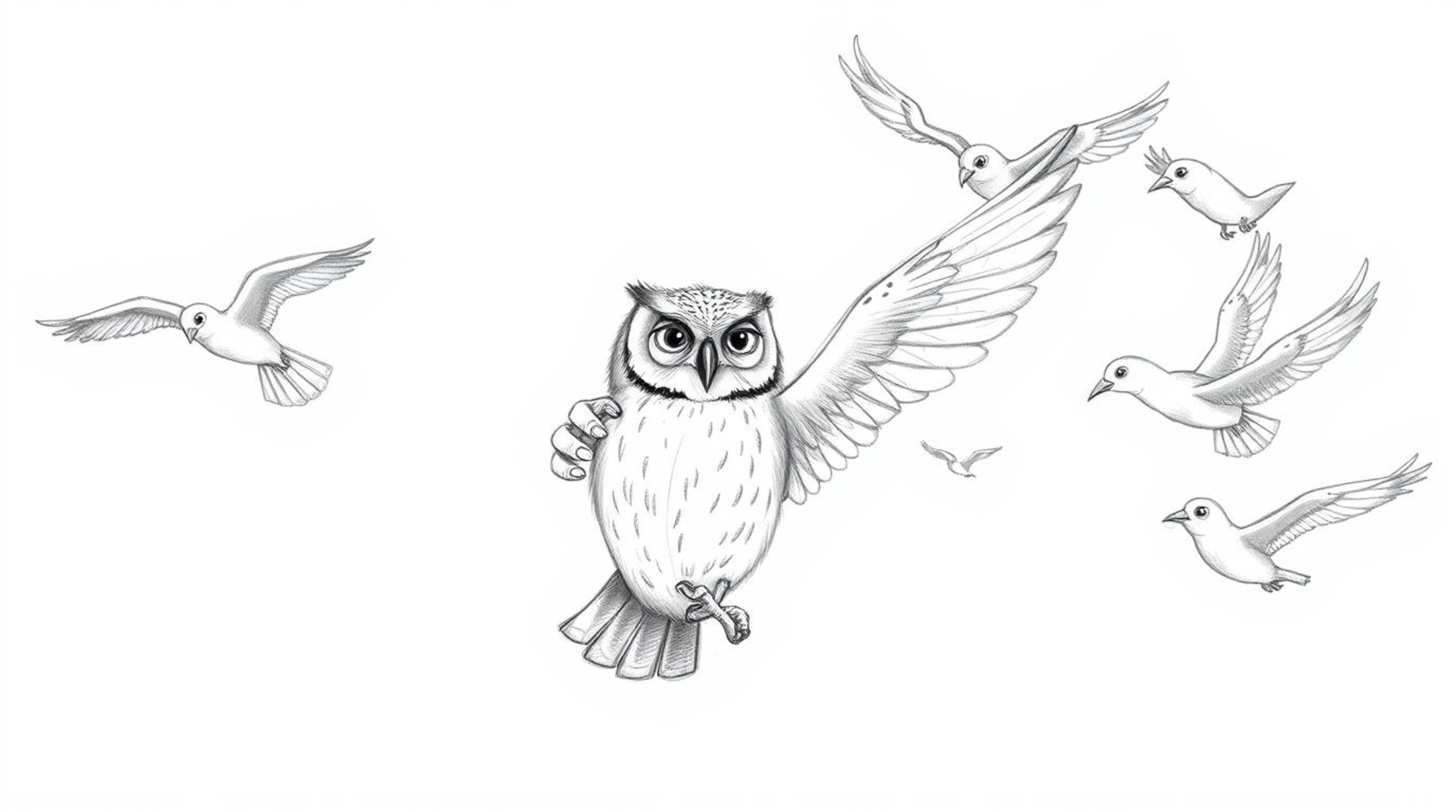 A heartwarming sketch in Pixar style depicting a blind owl with a wise and serene expression, guiding a flock of birds in a s
