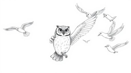 A heartwarming sketch in Pixar style depicting a blind owl with a wise and serene expression, guiding a flock of birds in a s