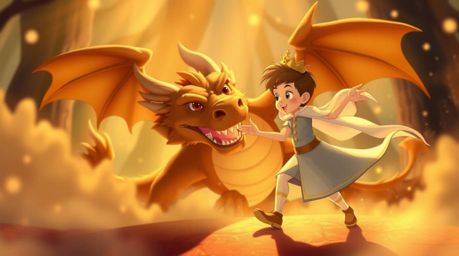 Experience a captivating scene of a charming prince battling a dragon, rendered in the nostalgic style of 1950s animation. Ba