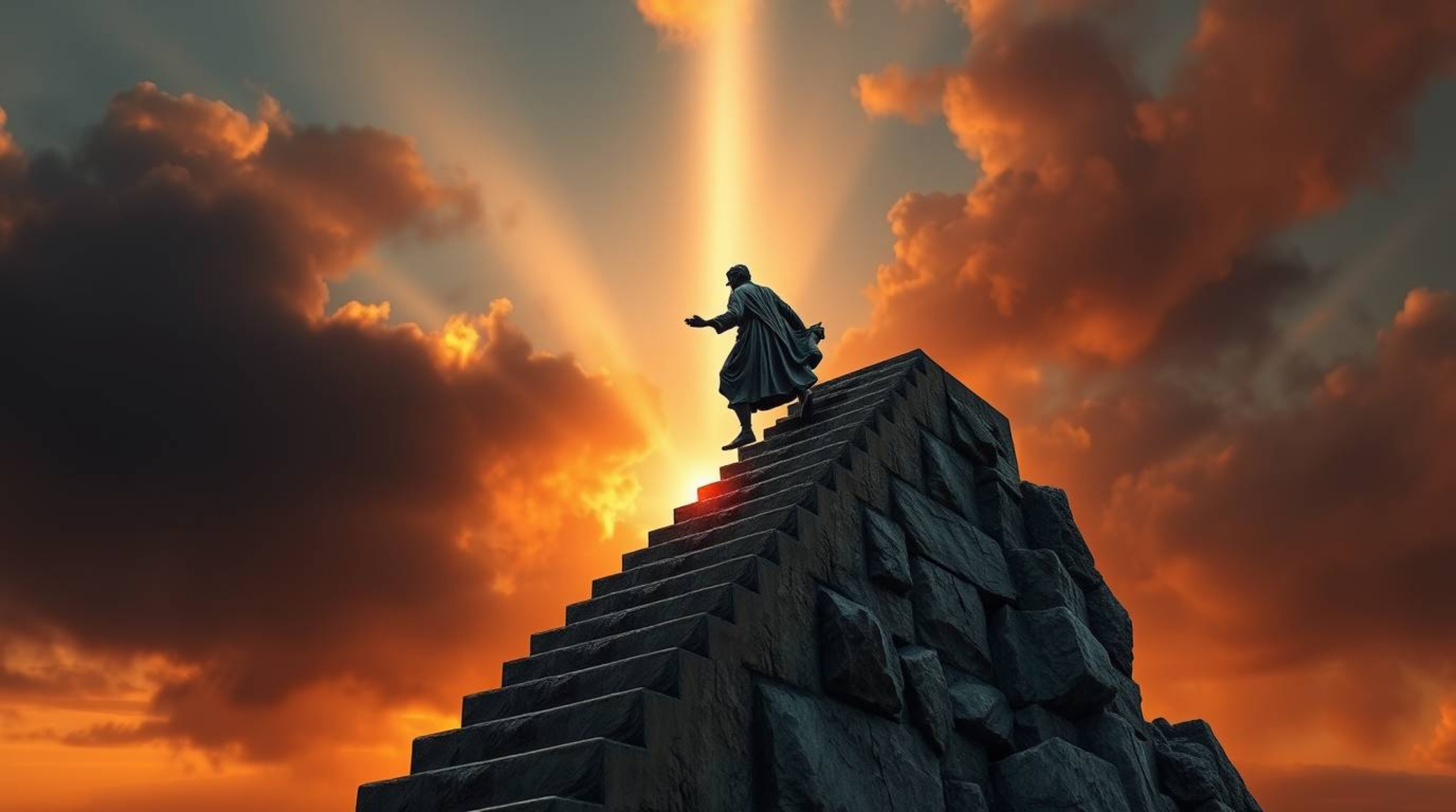 This cast bronze sculpture depicts a lone, heroic figure climbing a weathered stone staircase towards a radiant beam of divin