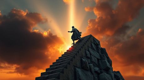 This cast bronze sculpture depicts a lone, heroic figure climbing a weathered stone staircase towards a radiant beam of divin
