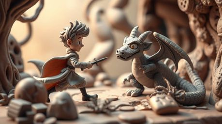 A captivating clay sculpture depicts a charming prince battling a dragon in a mystical, enchanting setting.  Inspired by the 