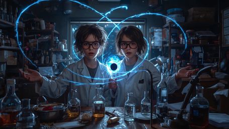 A cinematic photograph, in a whimsical and dramatic Pixar-inspired style, captures two enthusiastic 12-year-old science fair 