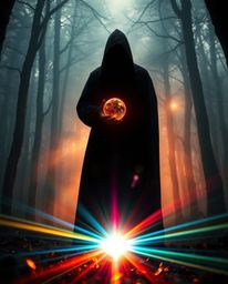 A captivating image featuring a cloaked figure in a mystical, misty forest, seen from a low angle. The figure holds a glowing