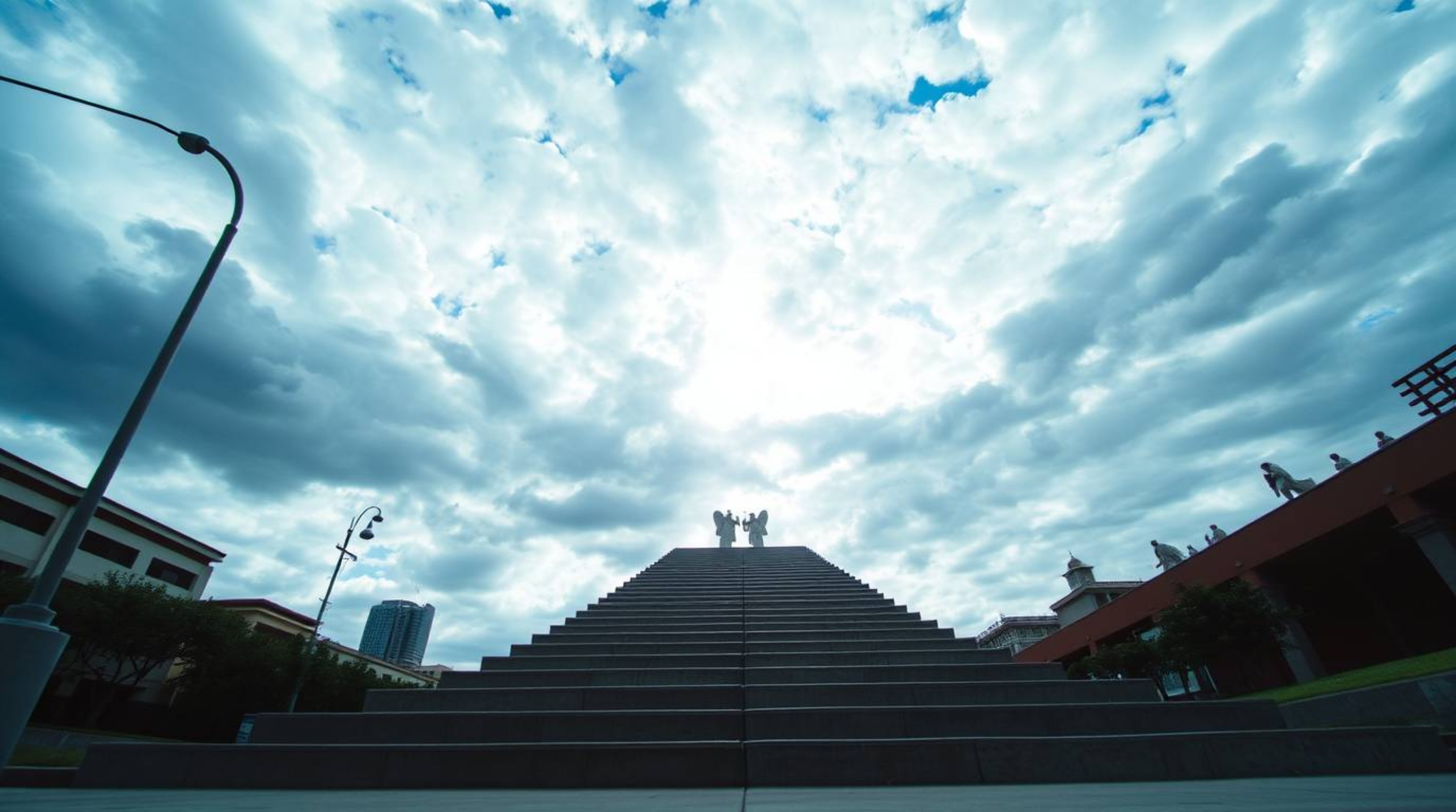 Capture the ethereal beauty of an urban landscape with this candid street photograph.  A low-angle perspective showcases step