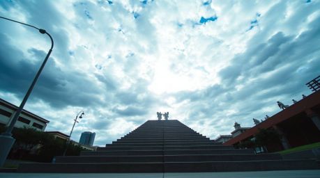 Capture the ethereal beauty of an urban landscape with this candid street photograph.  A low-angle perspective showcases step