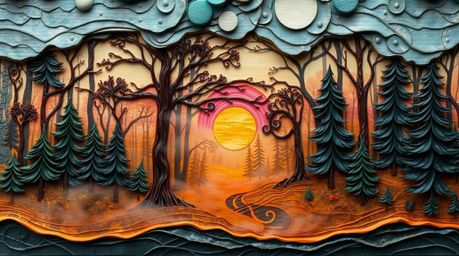 Experience the magic of golden hour with this layered papier-mâché artwork. Electric vivid colors bring to life sculpted and 