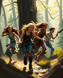 A captivating dynamic painting depicts a group of friends, each possessing unique powers, exploring a mysterious forest.  Ren