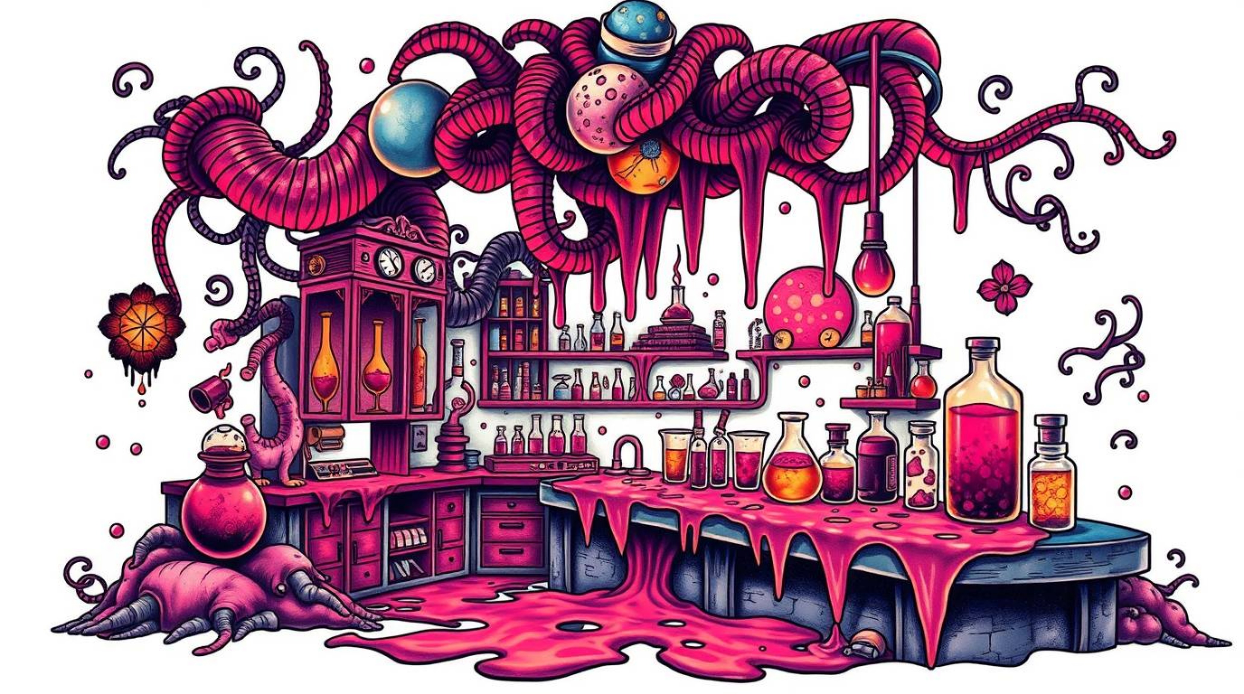 This vibrant and surreal image features a slime-covered science lab rendered in infrared tones, styled as a traditional tatto