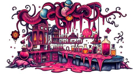 This vibrant and surreal image features a slime-covered science lab rendered in infrared tones, styled as a traditional tatto