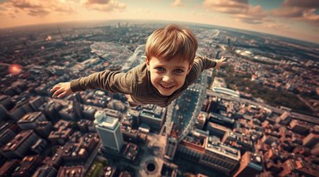 Experience a surreal, high-angle perspective of a young boy with fair skin soaring above London, propelled by shimmering, iri