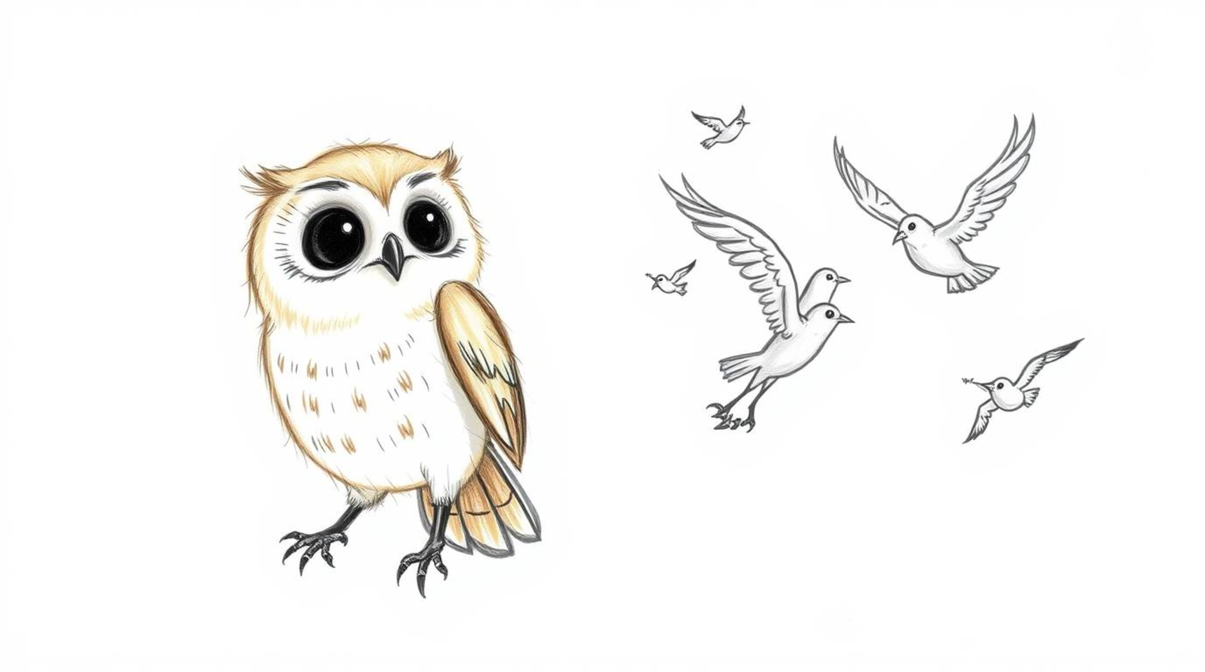 This hand-drawn sketch in Pixar style depicts a heartwarming scene of a blind owl with soft, rounded features and light brown