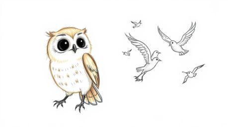 This hand-drawn sketch in Pixar style depicts a heartwarming scene of a blind owl with soft, rounded features and light brown
