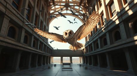 A striking architectural color photograph depicting a Pixar-style blind owl teaching birds to fly under strong, hard light. T