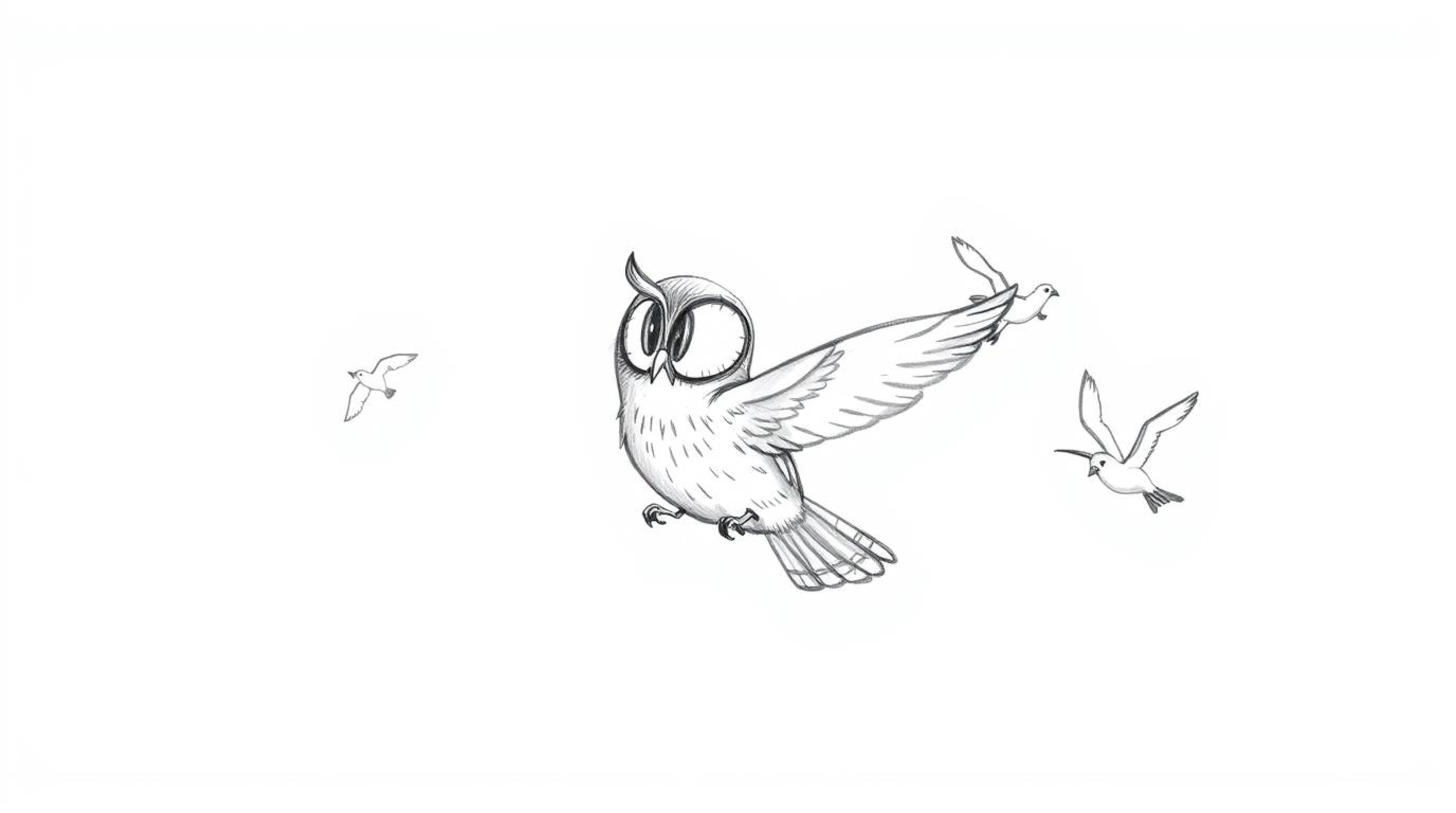 A whimsical hand-drawn sketch inspired by Pixar, depicts a gentle, blind owl leading a flock of birds in a synchronized and g