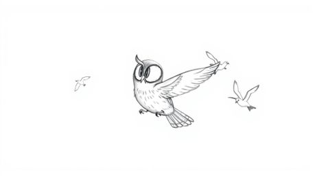 A whimsical hand-drawn sketch inspired by Pixar, depicts a gentle, blind owl leading a flock of birds in a synchronized and g