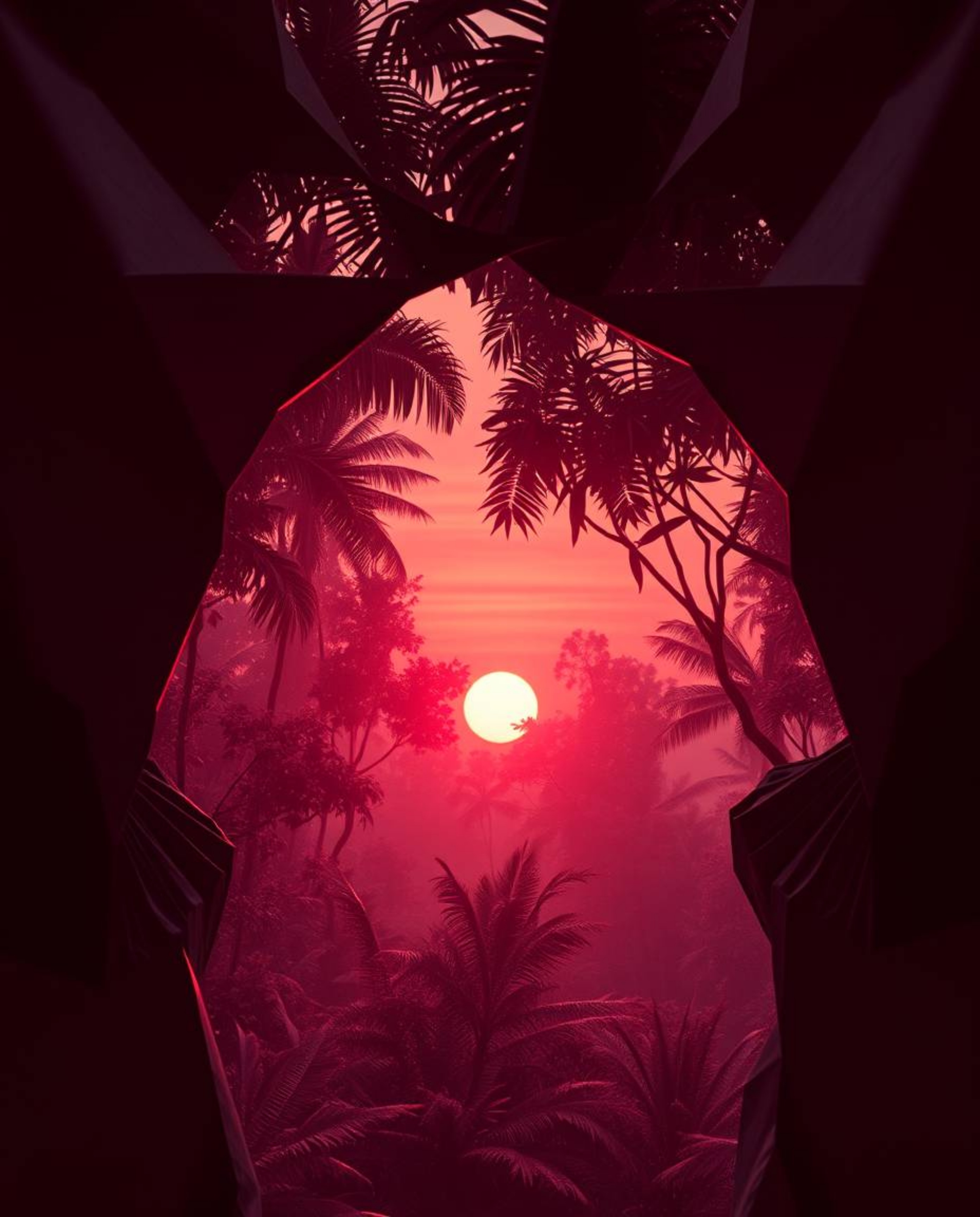 An intricate origami-style artwork depicts a sunset viewed through a dense jungle canopy. Rendered in surreal infrared tones 