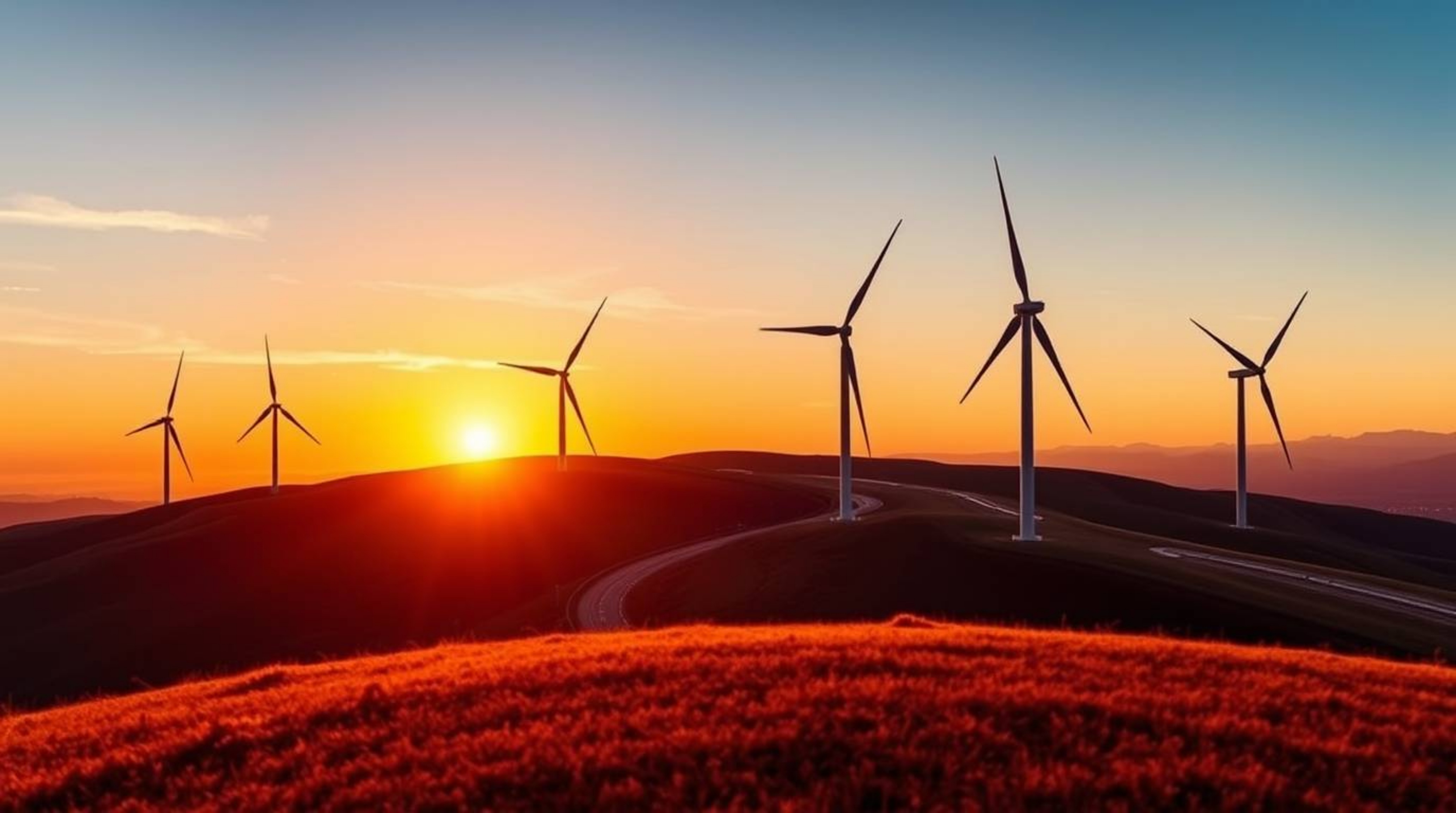 Stunning architectural photography showcasing a vibrant electric sunset behind a row of wind turbines perched atop a hill.  T