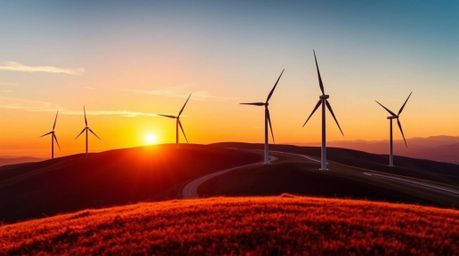 Stunning architectural photography showcasing a vibrant electric sunset behind a row of wind turbines perched atop a hill.  T