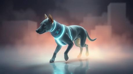 A captivating image showcasing a futuristic dog enjoying a solitary walk in space. The scene is bathed in a hazy, bioluminesc