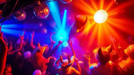 Experience the electrifying energy of an overhead bird's-eye view animal dance party!  Disco lights illuminate a lively scene