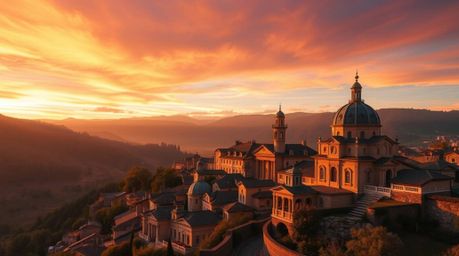 A captivating wide-angle photograph showcases a charming village nestled in a picturesque valley, bathed in the warm glow of 