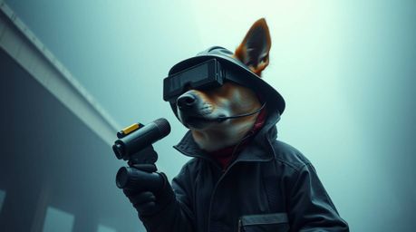A captivating architectural photograph showcases a dog detective utilizing advanced technology amidst a thick fog.  The image