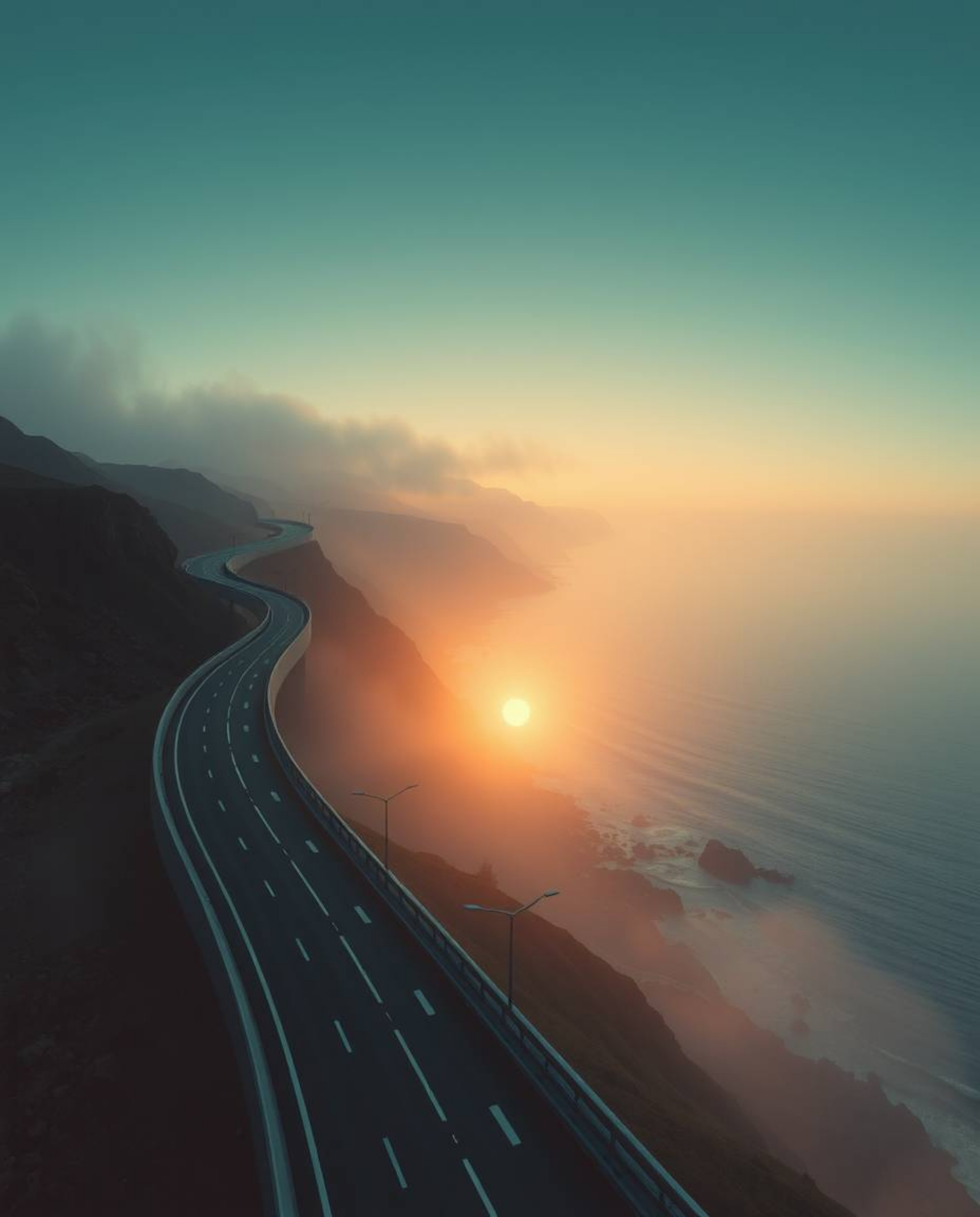 A futuristic sci-fi style, high-angle perspective captures a winding coastal highway at sunset. The scene is enveloped in a m