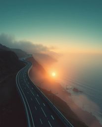 A futuristic sci-fi style, high-angle perspective captures a winding coastal highway at sunset. The scene is enveloped in a m
