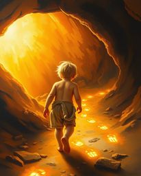 A captivating image depicts a light-skinned child with blonde hair venturing into a cave, guided by a trail of glowing golden