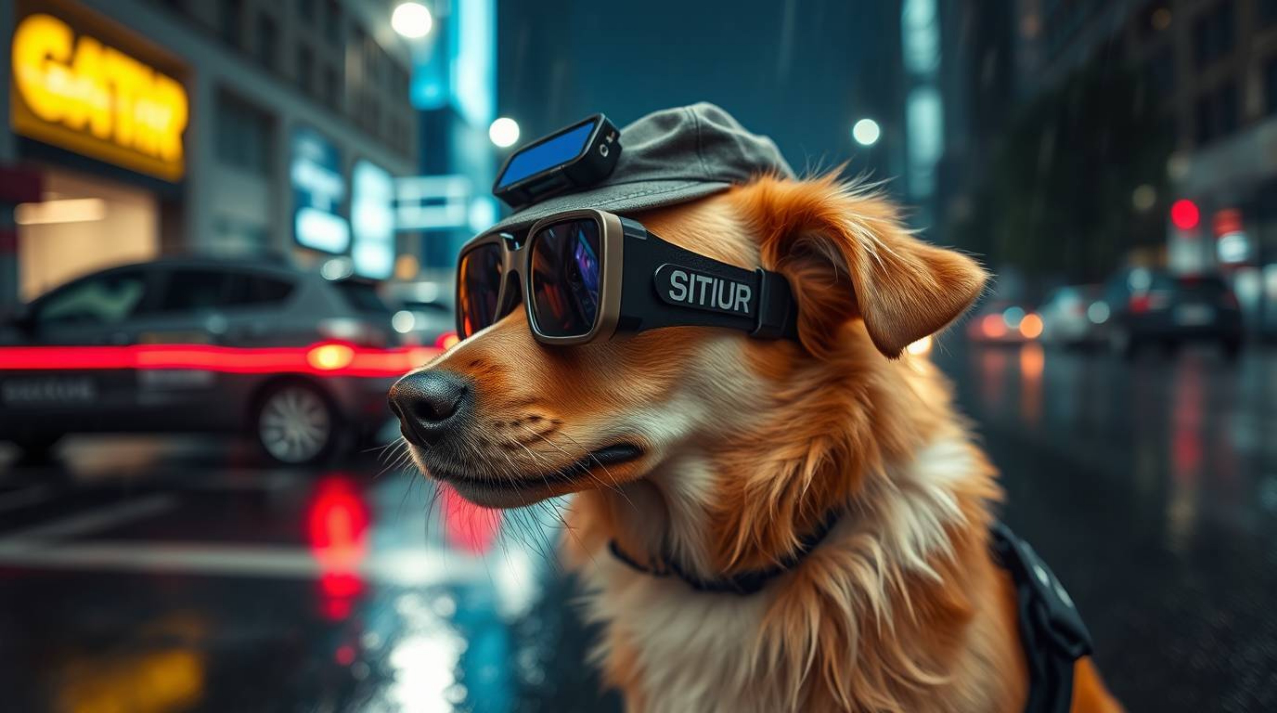 A captivating long-exposure photograph depicts a dog detective navigating a wet, rainy cityscape. Equipped with cutting-edge 