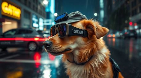 A captivating long-exposure photograph depicts a dog detective navigating a wet, rainy cityscape. Equipped with cutting-edge 