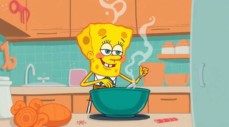 An elegant illustration portrays a sponge character with refined features gracefully cooking in a unique underwater kitchen. 