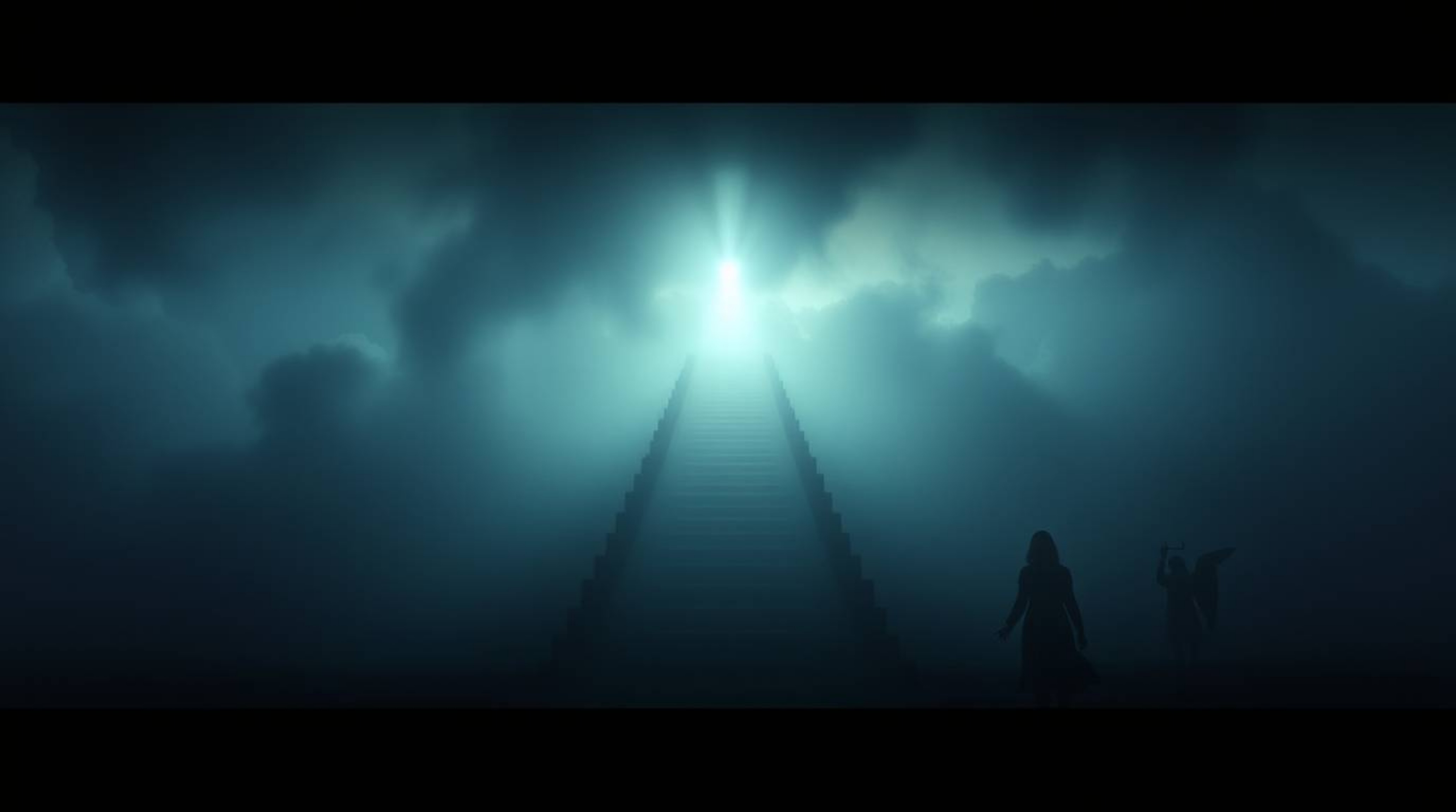 This scene depicts an eerie and creepy cinematic haze, with steps of light ascending into a cloudy sky. Angelic figures obser