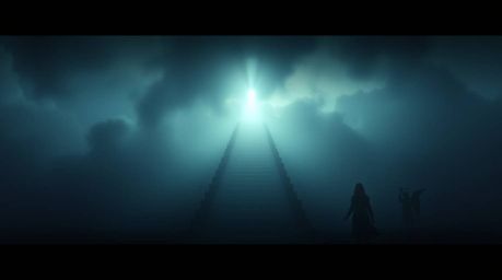This scene depicts an eerie and creepy cinematic haze, with steps of light ascending into a cloudy sky. Angelic figures obser