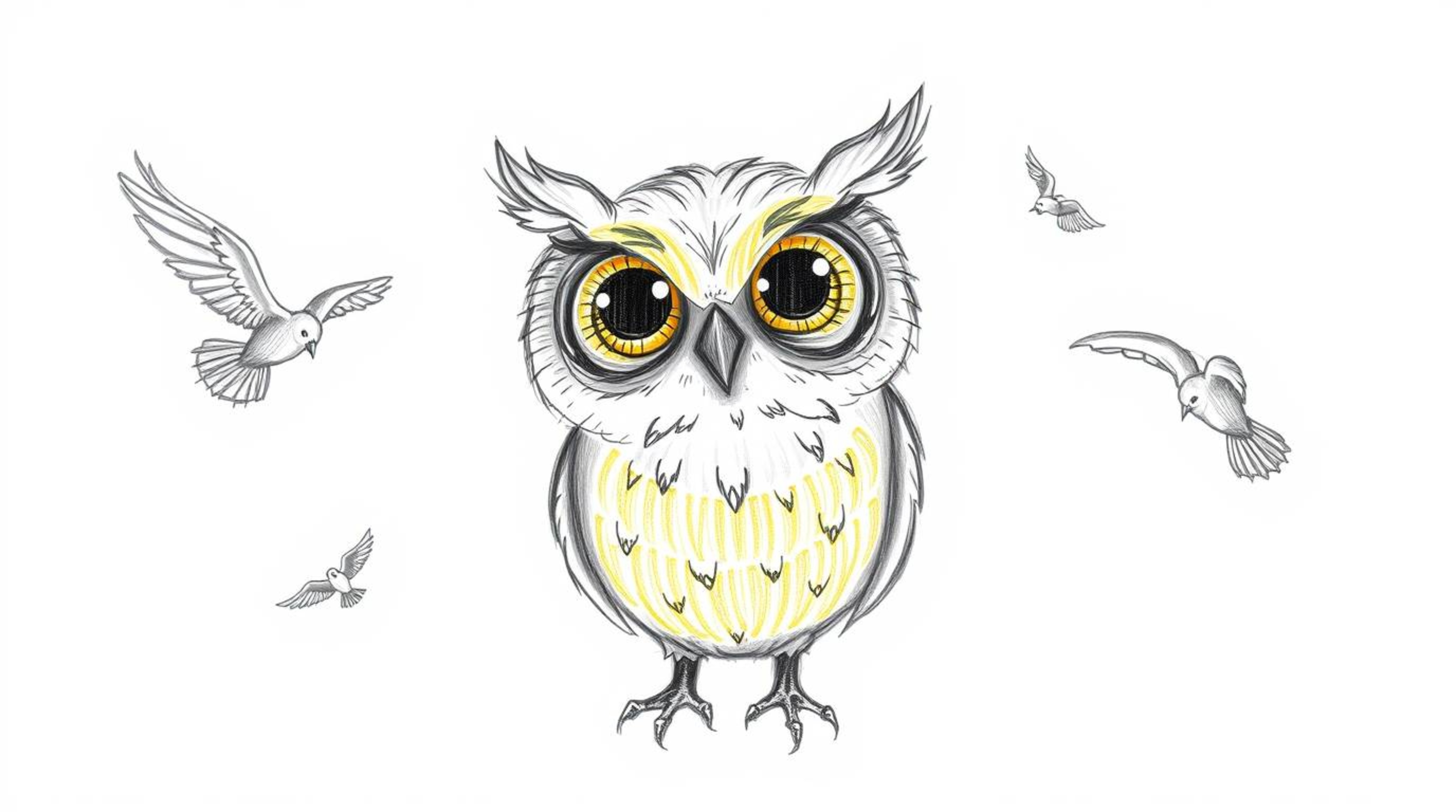 A heart-warming hand-drawn sketch in the style of Pixar depicts a blind owl with sunlit, glowing feathers, selflessly teachin