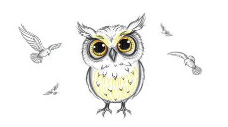 A heart-warming hand-drawn sketch in the style of Pixar depicts a blind owl with sunlit, glowing feathers, selflessly teachin