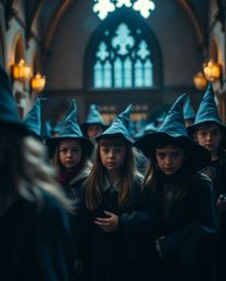 Discover a captivating image of a magical school brimming with young wizards.  The photograph utilizes a blurred bokeh effect