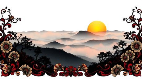 A stunning traditional tattoo art print depicting fog-covered hills bathed in the vibrant colors of a sunset.  High contrast,