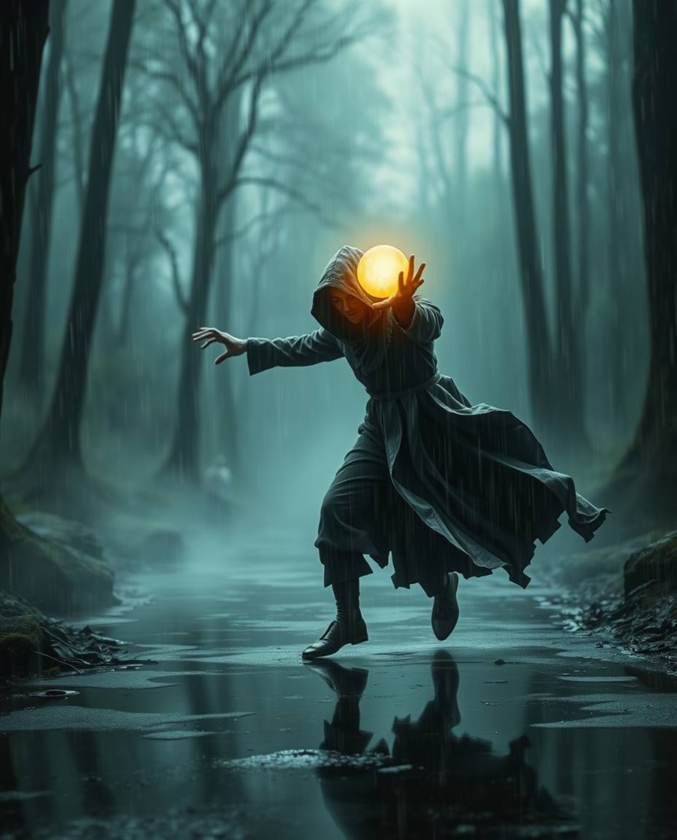 Immerse yourself in a captivating scene featuring a cloaked figure dynamically moving through a misty, rain-soaked forest. Th