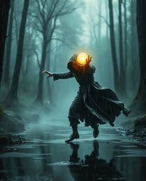 Immerse yourself in a captivating scene featuring a cloaked figure dynamically moving through a misty, rain-soaked forest. Th