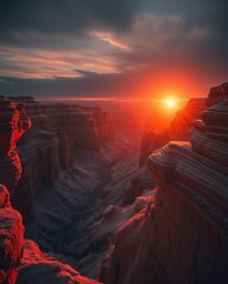 This dramatic cinematic style photograph captures a sunset illuminating sandstone cliffs in a canyon. The use of infrared ton