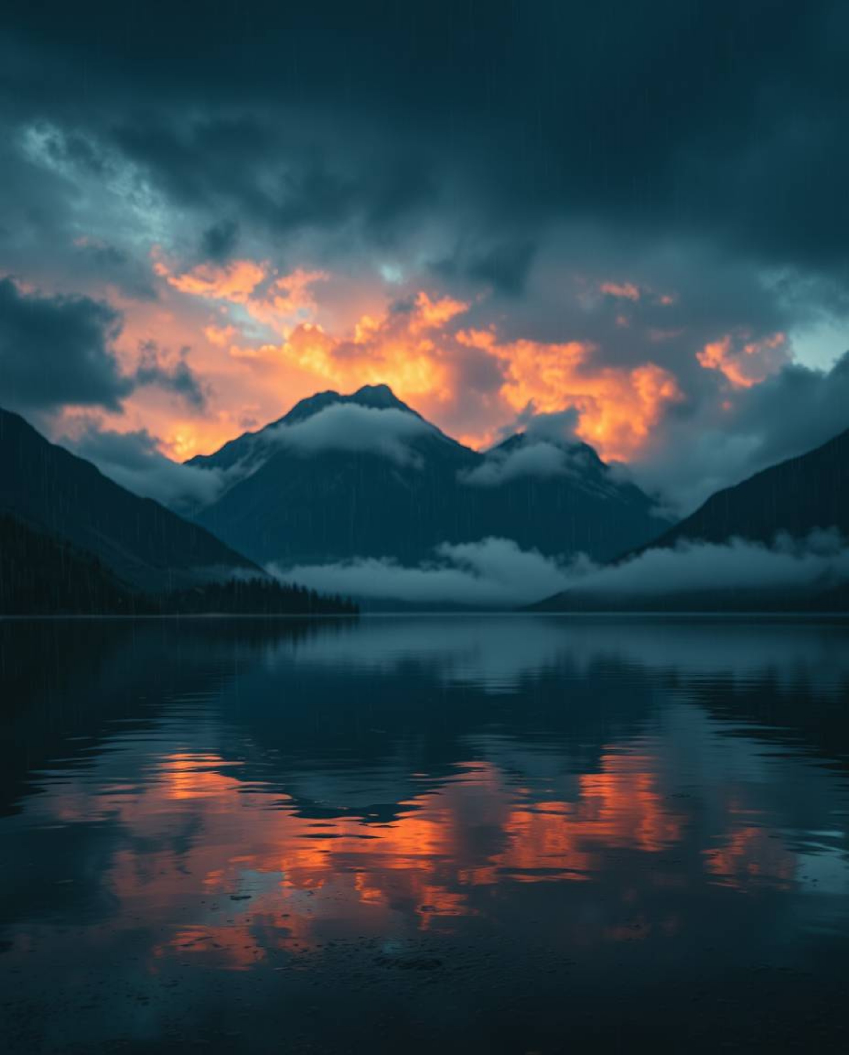 A wet, rainy scene is depicted in a dramatic cinematic style, showing the reflections of fiery clouds in a mountain lake. The