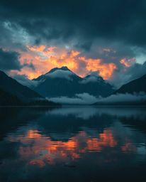 A wet, rainy scene is depicted in a dramatic cinematic style, showing the reflections of fiery clouds in a mountain lake. The